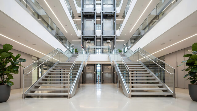 Symmetrical interior view of a spacious office building atrium with two staircases, glass railings, and elevators in the background