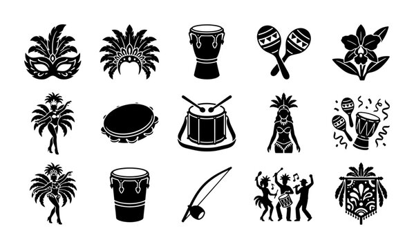 Brazilian Carnival Icon Set with 15 Vector Elements, Rio de Janeiro Festival Symbols, Samba Dancers and Percussion Instruments, Black Silhouette Graphics