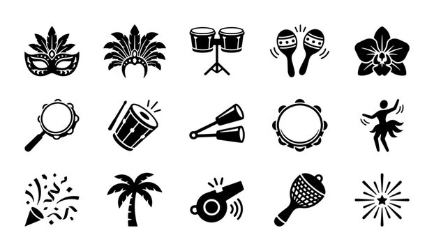 Brazilian Carnival Icon Set, 15 Black Vector Symbols of Rio Festival, Samba Music Instruments and Masquerade Elements for Event Design