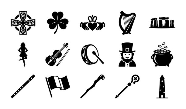 Celtic cultural icons set, 15 black vector symbols of Irish heritage, traditional St. Patrick's Day elements for graphic design and holiday branding