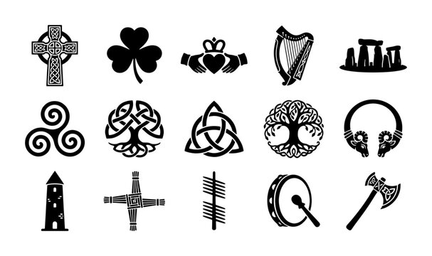 Celtic symbols and Irish heritage icons set, traditional knotwork and folklore elements, 15 black vector silhouettes for Saint Patrick's Day