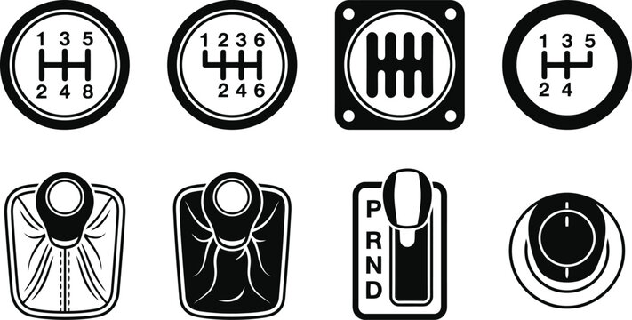 Car gear shift icons set featuring various manual and automatic transmission patterns shown on transparent background