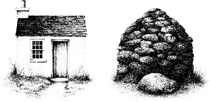 Pair of black and white stippled bothy cottage and stone cairn illustrations for rustic banner background and vintage architectural design use
