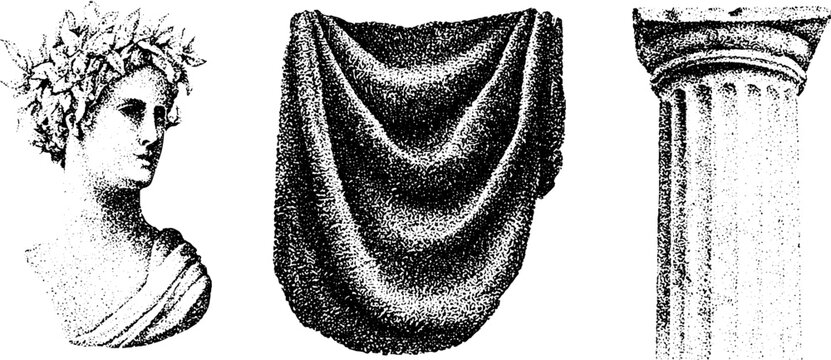 Classical caryatid bust drapery and fluted column black and white stipple engraving for architectural background and design element