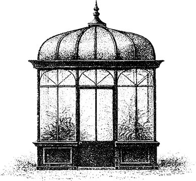 Victorian conservatory with glass roof and cast iron frame for architectural greenhouse poster and botanical background design