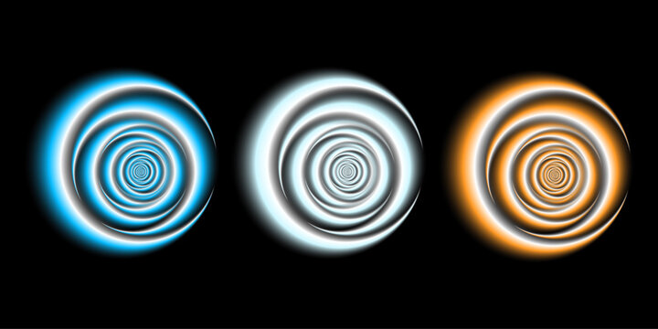 Hypnotic circular light effect trio blue white and orange swirls on black background