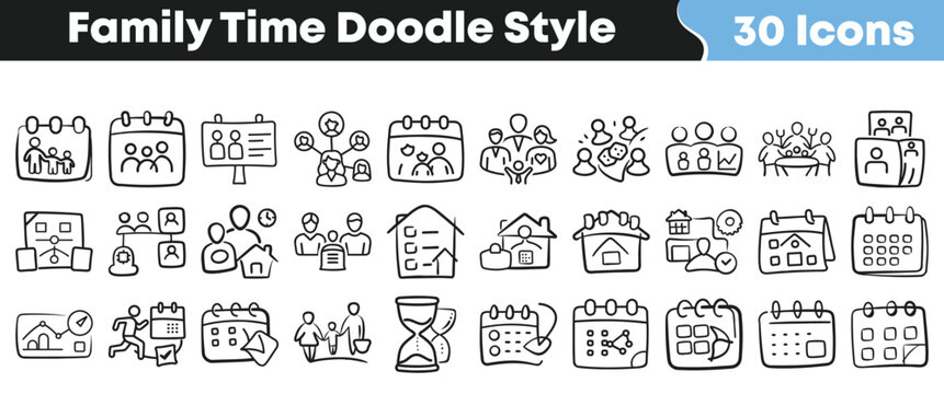 Hand drawn doodle style icons depicting various family time activities