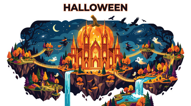 A majestic glowing gothic cathedral sits beneath a giant pumpkin inside this whimsical halloween fantasy illustration