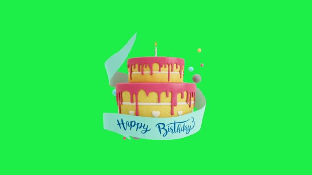 Pink birthday cake with burning candles on green screen background for party celebration chromakey video element