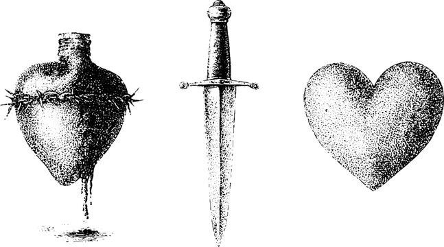 Black and white dagger and poisoned heart with barbed edges stippled engraving for gothic poster or tattoo background design
