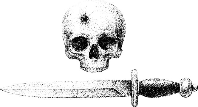 Horizontal dagger below skull with bullet wound black ink engraving for tattoo flash, poster and dark background design
