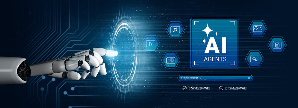 A futuristic robotic hand reaches towards a glowing digital interface representing artificial intelligence and AI agents, symbolizing innovation and technological progress. Cyphers