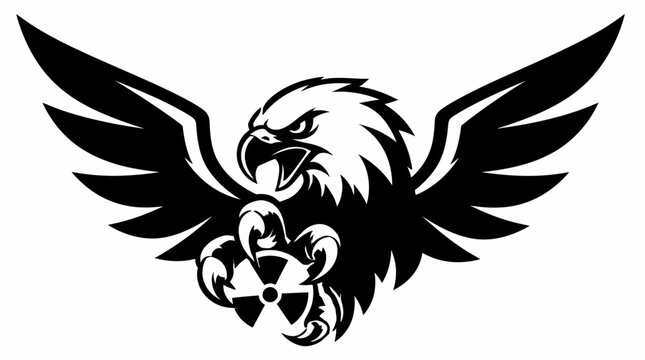 Aggressive eagle mascot holding nuclear radiation symbol icon.