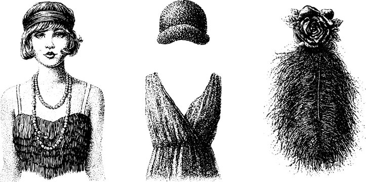 Vintage twenties flapper fashion reference with fringe dress headband and feather boa for design and pattern