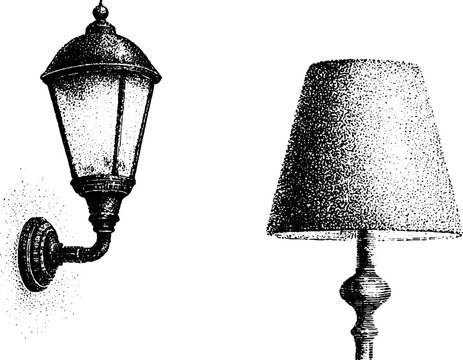 Vintage outdoor wall lantern and standing table lamp with shade black and white stipple engraving for design background and decor element