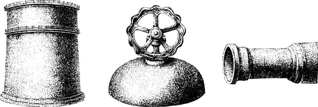 Black and white stippled vintage gas valve can and pipe nozzle illustration for technical diagram and industrial background design