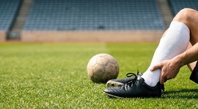 Close up of a soccer player sitting on a grass pitch and holding an injured ankle. Athlete in black cleats and white socks with a soccer ball in a stadium. Sports injury concept