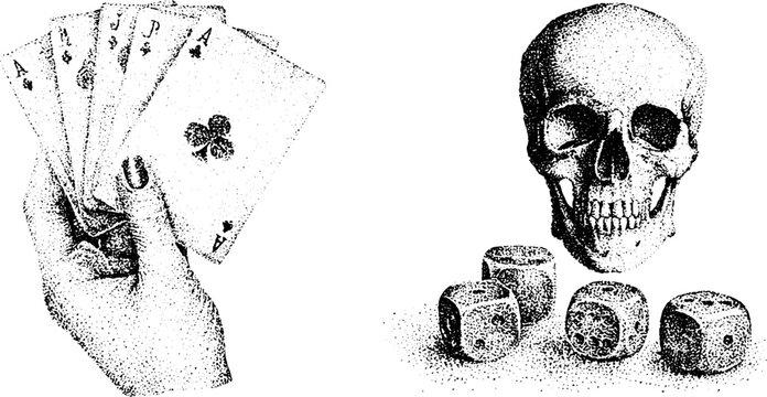 Hand holding playing cards and skull with dice black and white stipple engraving for background or poster design