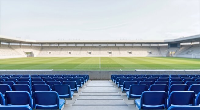 Rows of empty blue seats in a modern sports stadium. View of a green football field from the stands. Empty arena before a match