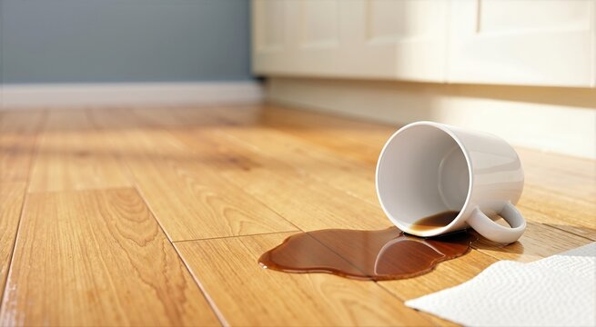 Spilled coffee from a toppled white ceramic mug on a glossy wood floor. Messy spill on hardwood laminate in a bright room