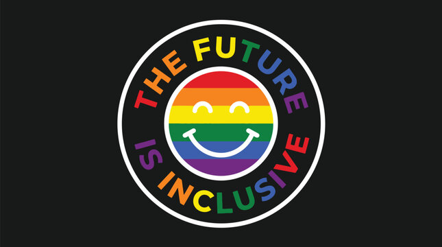 Round pride emblem featuring a rainbow smiley face with colorful text on a black background