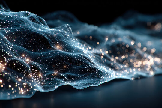Abstract glowing particle wave with flowing luminous energy on dark background