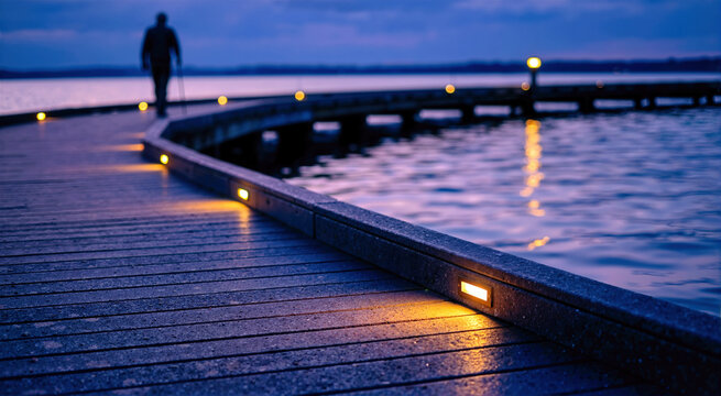 Curved composite pier with glowing pathlights at twilight. Silhouette of a solitary walker on a wooden boardwalk at night