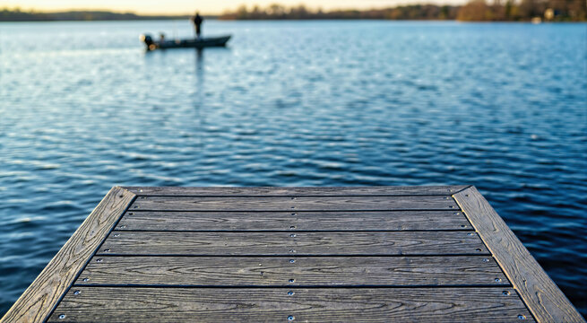 Dark gray composite dock overlooking blue rippling water. Blurred fishing boat on a lake in the background