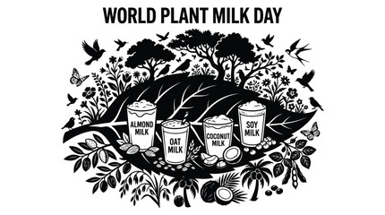 Fototapeta premium Four glasses of various plant based milks arranged on a large black and white leaf