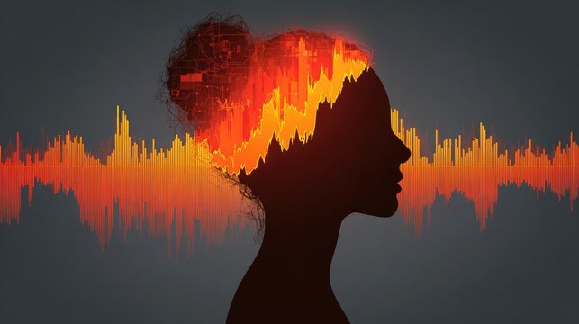Woman silhouette with glowing brain and audio soundwave.