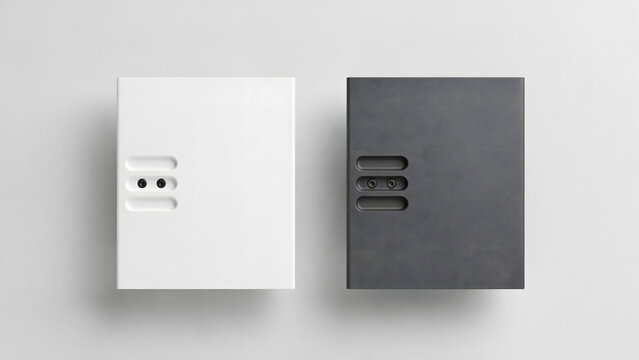 Two minimalist rectangular wall plates, one white and one dark grey, featuring two small circular buttons set into recessed horizontal slots