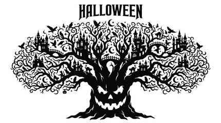 Naklejka premium Scary halloween tree silhouette featuring intricate spooky castle architecture with dark crows and crescent moons