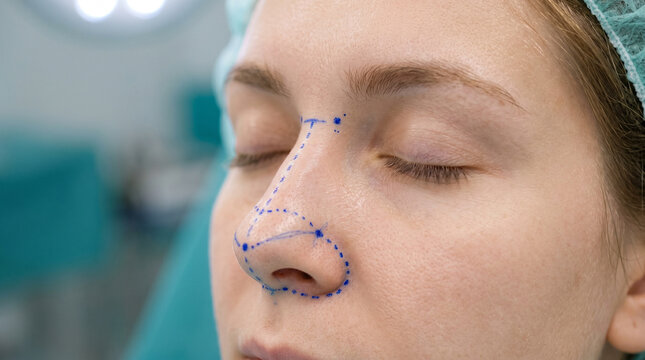 Woman with marks on nose for rhinoplasty procedure in plastic surgery clinic. Patient preparing for facial aesthetic nose surgery enhancement. Medical cosmetic face contouring concept.