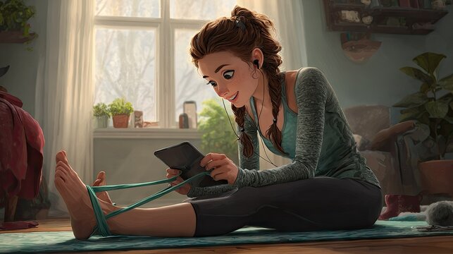 Woman stretching with resistance band while watching tablet