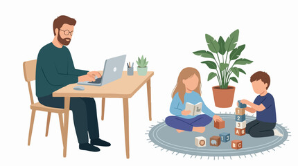Father working remotely at home while children play nearby