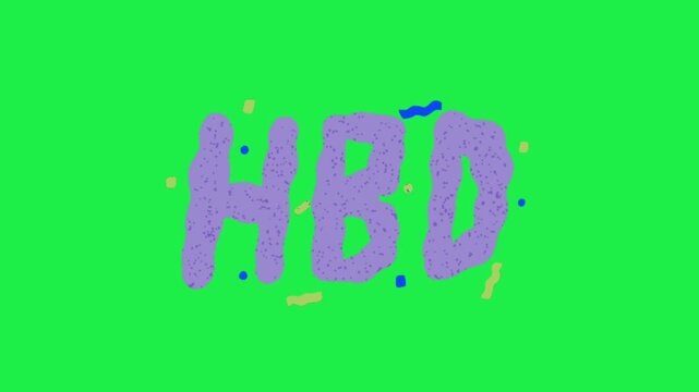 Happy birthday HBD purple text with colorful confetti on green screen background for party video element