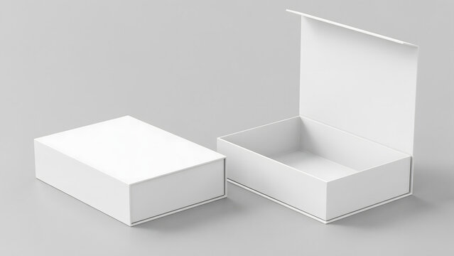 Two white rectangular gift boxes with magnetic lids, one open and one closed, isolated on a light gray background, for product, packaging mockups
