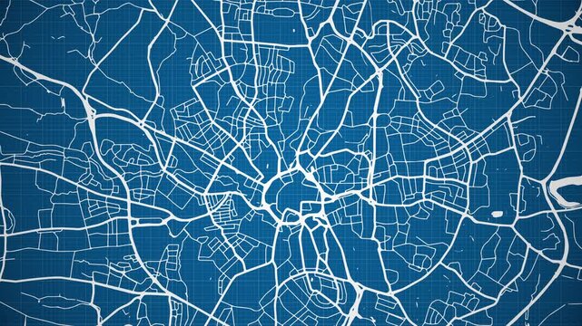 Ink reveal animation of Coventry city, West Midlands, England, United Kingdom, grid map. Aerial top view. Blueprint style. White lines with blue background. 4K Seamless loop.