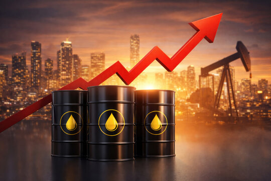 Rising Oil Prices Concept with Barrels and Upward Financial Arrow
