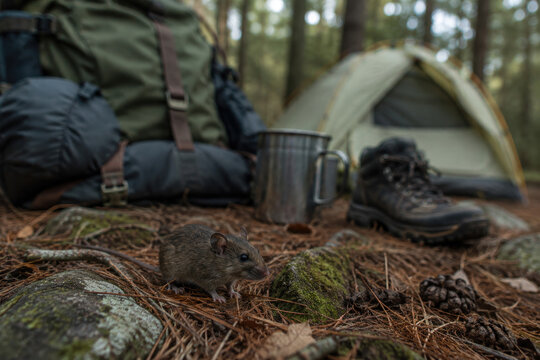 Hantavirus Exposure Risk at Forest Campsite with Mouse Near Camping Gear