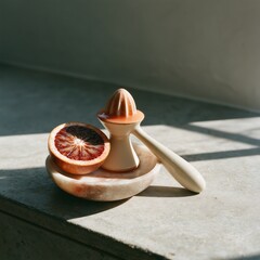Fototapeta premium Blood orange and ceramic reamer still life on concrete counter