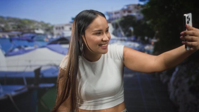 Young woman taking selfie with smartphone, arm extended and smiling at camera against marina backdrop in studio; joy confidence.