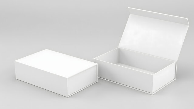 Two white rectangular gift boxes with magnetic lids, one open and one closed, isolated on a light gray background, for product, packaging mockups