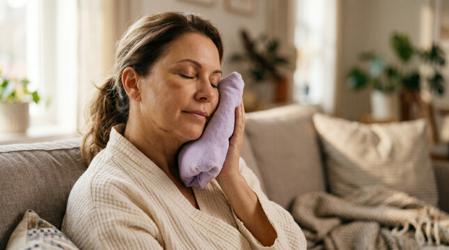 Woman recovering at home after facial plastic surgery. Mature lady applying cold compress to swelling on face post cosmetic procedure. Health, recovery and skincare after surgery concept.