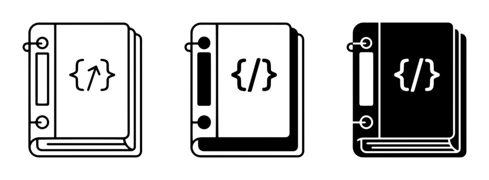 Code book icons, programming symbols, coding illustrations, developer graphics, black and white