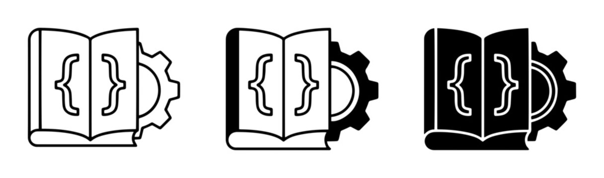 Coding book icons, programming symbols, gear illustrations, developer tools