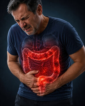 Man Suffering from Severe Colon Pain and Inflamed Digestive System Medical Illustration