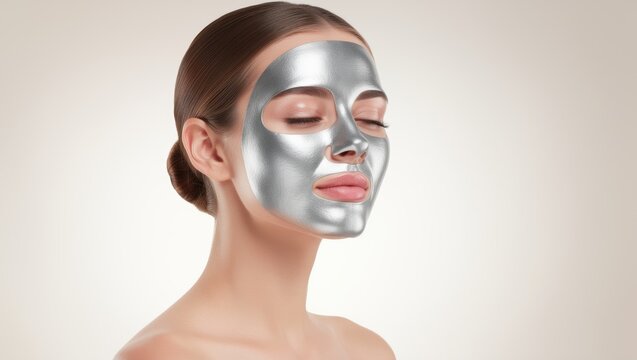 Beautiful woman wearing silver facial mask with closed eyes on clean studio background creating luxury skincare beauty treatment wellness spa cosmetic dermatology and anti aging self care concept