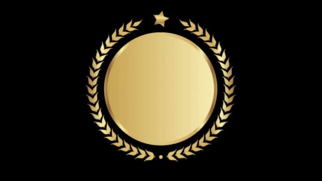 Gold circular award badge with laurel wreath and star on black background for quality luxury video element