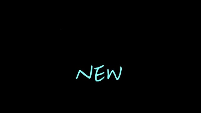 Green neon handwritten New text with starburst lines on black background for arrival promo shopping video element